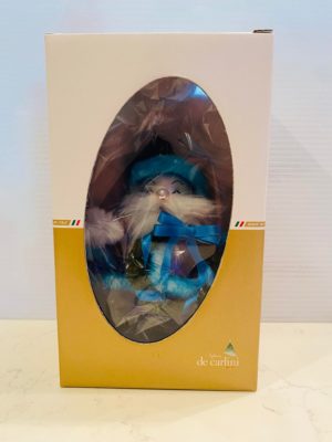 Custom Limited Edition CHICAGLOW Soffieria De Carlini Blue Santa Glass Ornament front in box