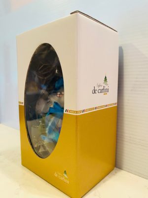 Custom Limited Edition CHICAGLOW Soffieria De Carlini Blue Santa Glass Ornament front and side in box